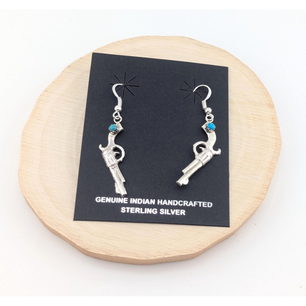 Handmade Navajo Sterling Silver Gun w/ Turquoise Dangle Earrings Western Style**